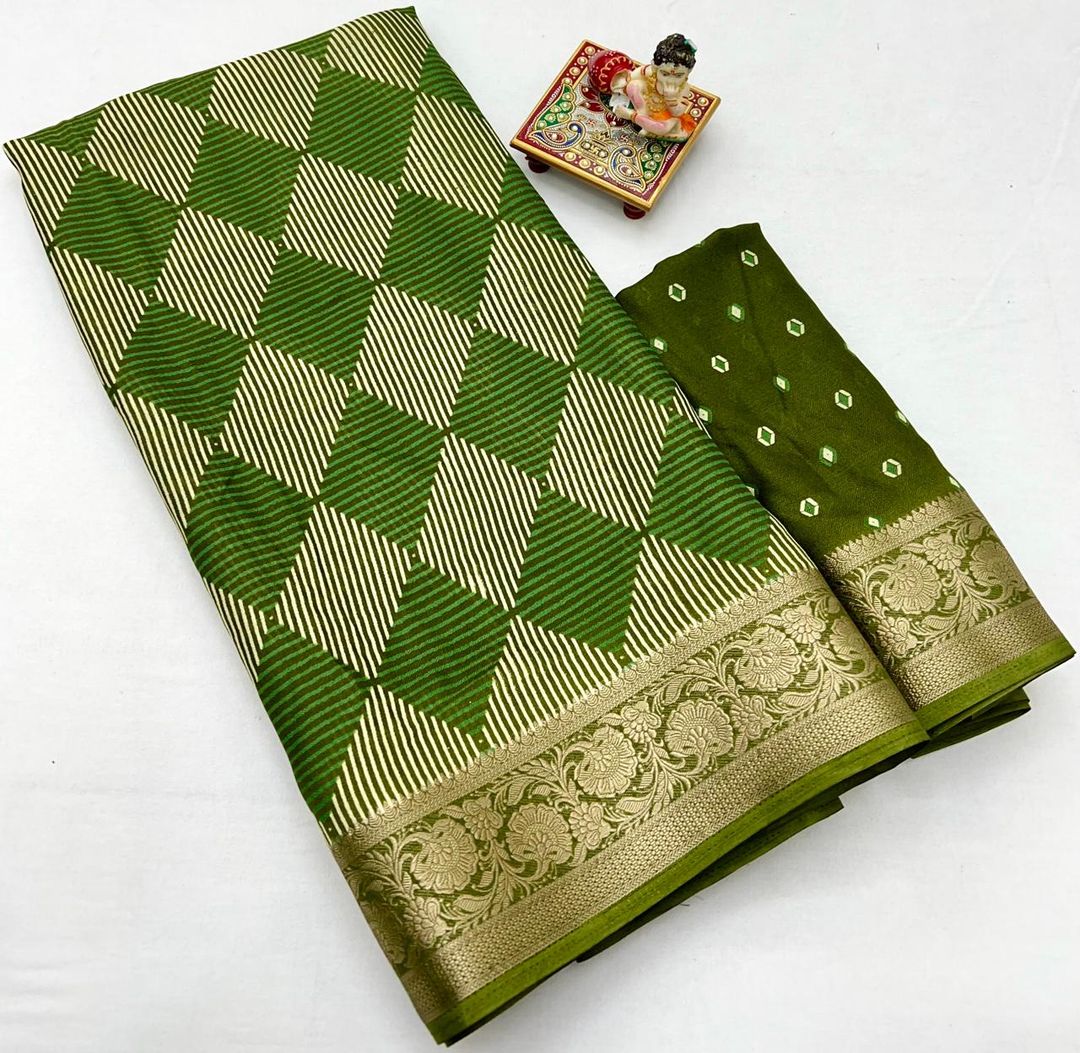 Designer Olive Green Moss Georgette Saree With Geometric Print