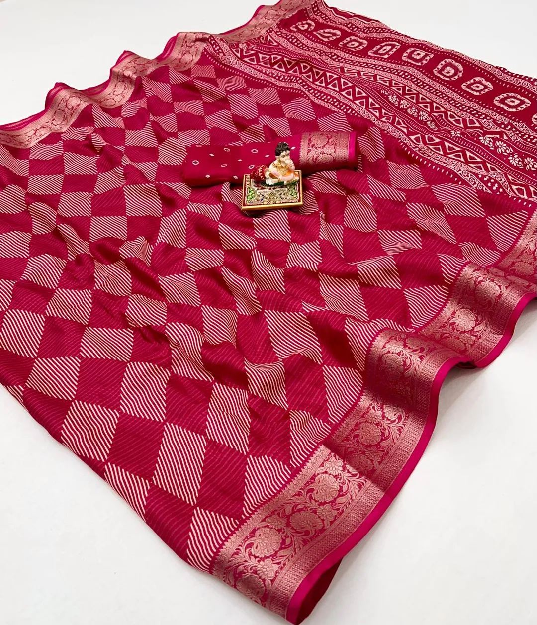 Rani Pink Printed Calcutta Moss Georgette Saree With Zari