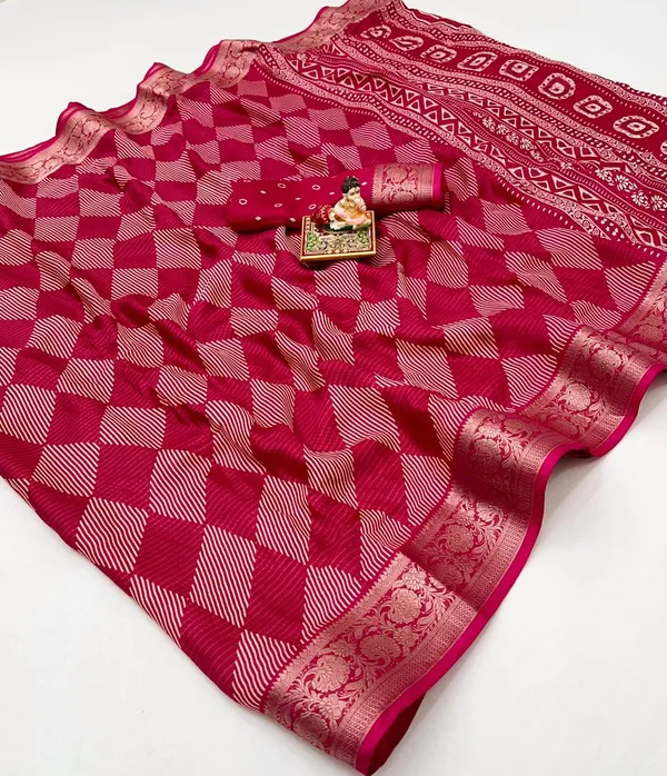 Rani Pink Printed Calcutta Moss Georgette Saree With Zari