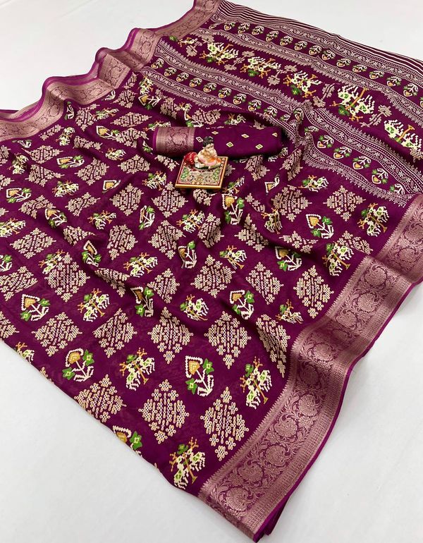 Wine Designer Printed Georgette Saree With Zari Border