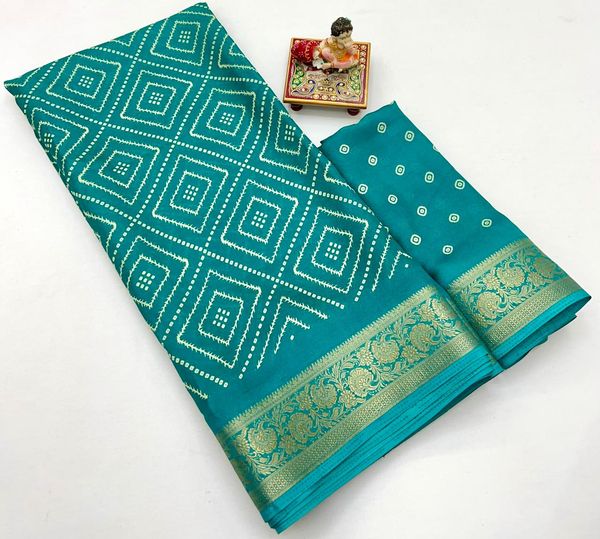 Teal Printed Moss Georgette Saree With Zari Border