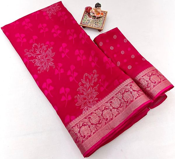 Rani Pink Party Wear Moss Georgette Floral Saree