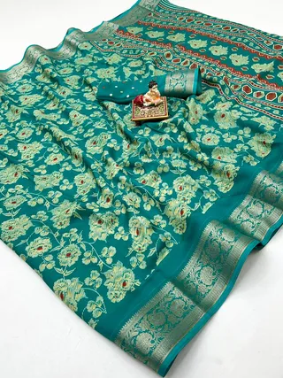 Teal Floral Moss Georgette Saree with Zari Border