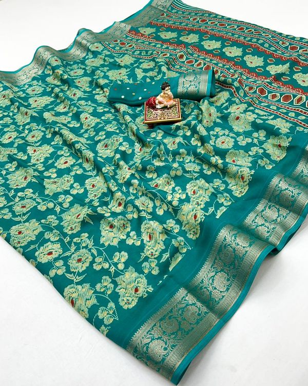 Teal Floral Moss Georgette Saree With Zari Border