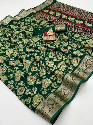 Bottle Green Festive Moss Georgette Saree With Blouse