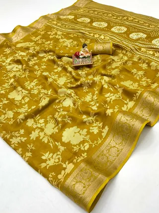 Mustard Designer Moss Georgette Saree with Zari Work