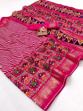 Pink Patola Print Pashmina Silk Saree With Mirror Work