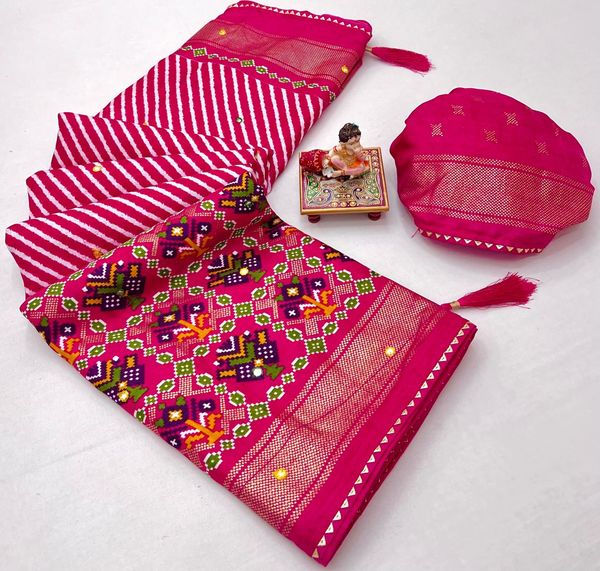 Pink Patola Print Pashmina Silk Saree With Mirror Work