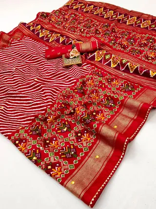 Classic Red Patola Print Pashmina Silk Saree With Mirror