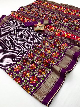 Royal Plum Patola Mirror Elegance Pashmina Silk Saree