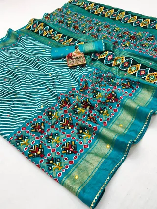 Teal Patola Border Pashmina Silk Saree With Mirror Work