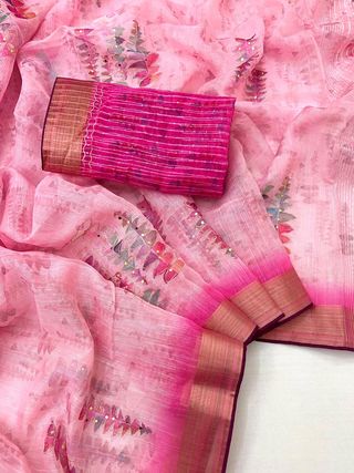 Pink Organza Cotton Silk Saree With Thread & Sequin Work