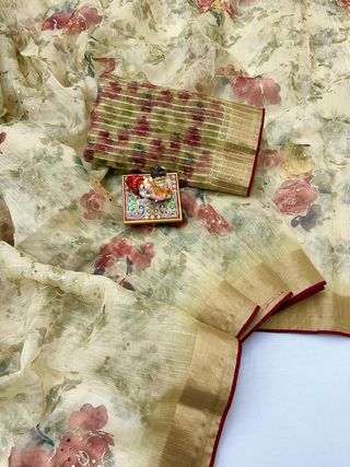 Cream Organza Cotton Silk Saree With Thread & Sequin Work