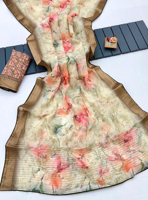 Golden Garden Organza Cotton Silk Designer Saree