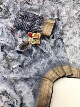 Elegant Grey Floral Organza Cotton Silk Saree