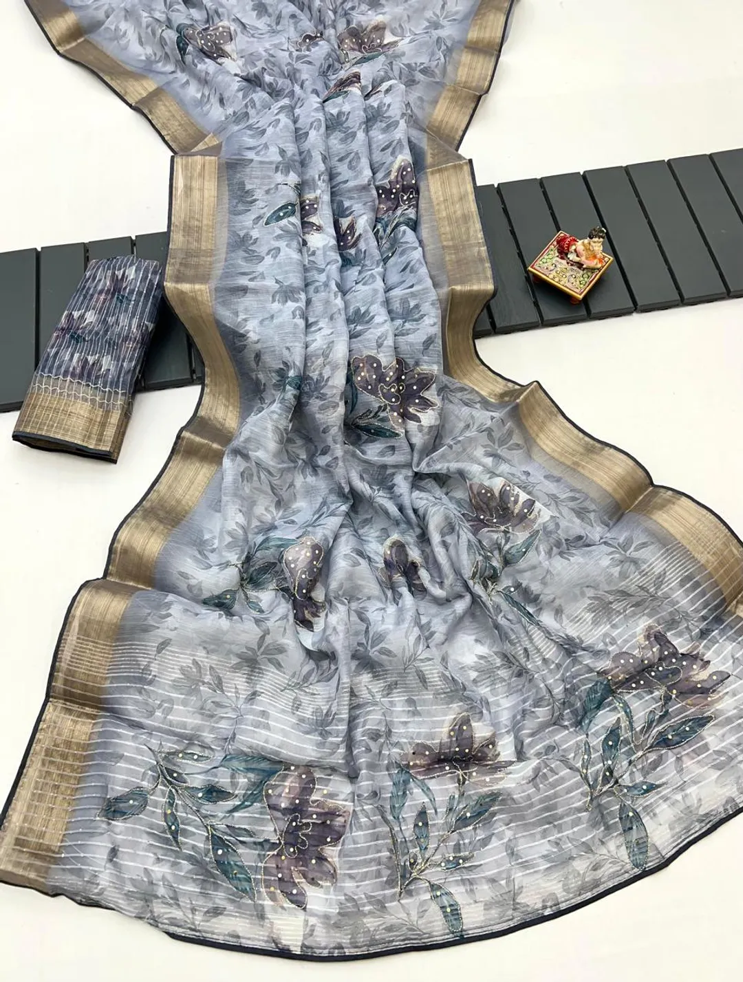 Elegant Grey Floral Organza Cotton Silk Saree