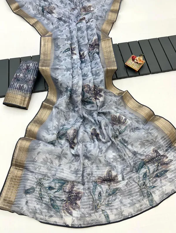 Elegant Grey Floral Organza Cotton Silk Saree