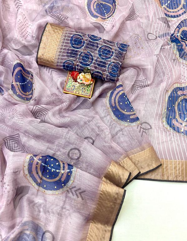 Lavender Organza Cotton Silk Saree With Thread Work