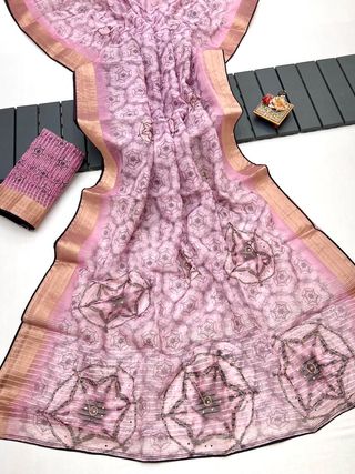 Mauve Organza Cotton Silk Saree With Thread & Sequin Work
