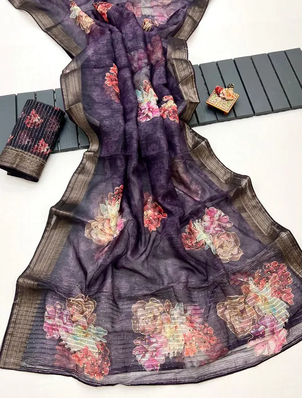 Royal Wine Floral Organza Cotton Silk Designer Saree
