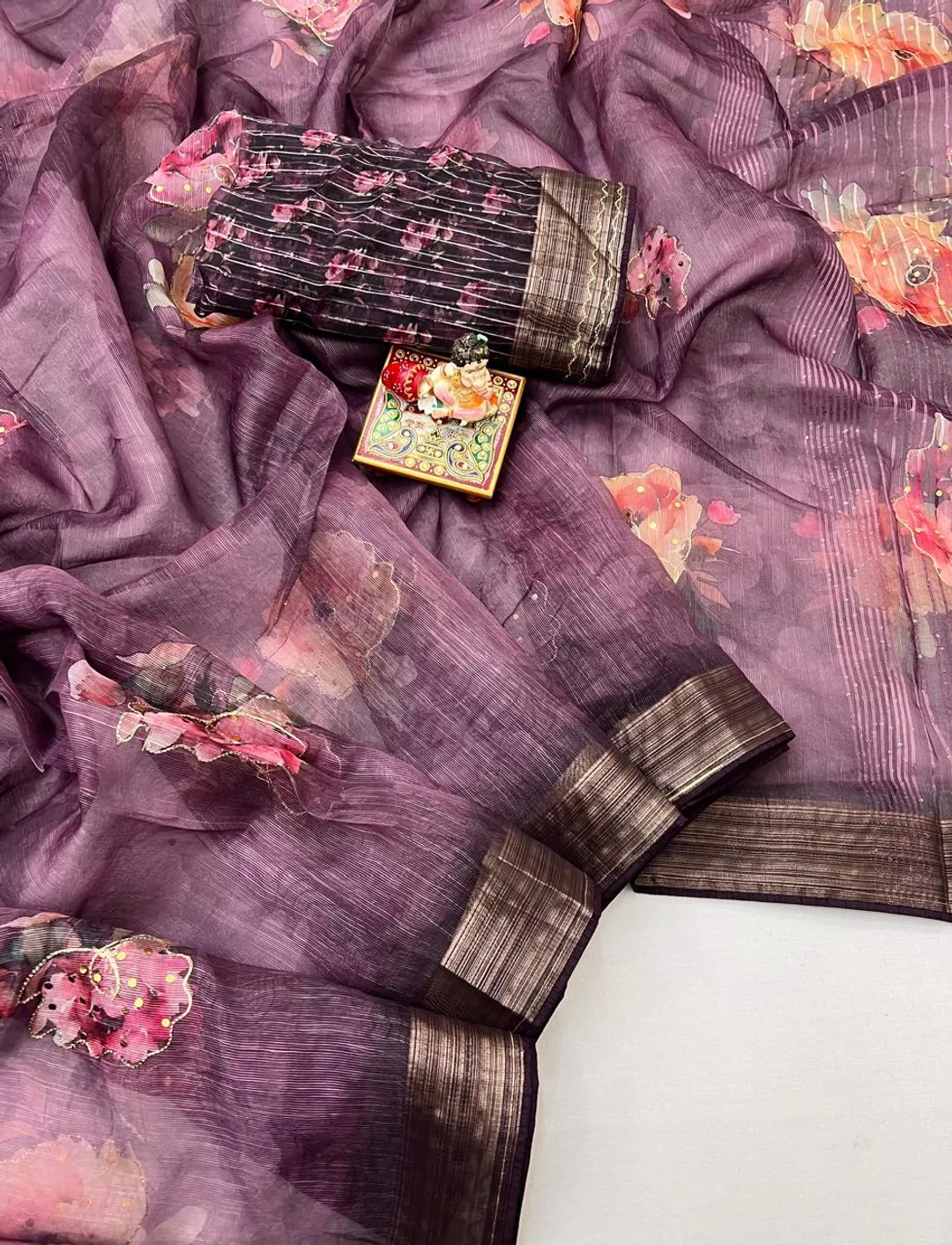 Plum Floral Digital Print Organza Cotton Silk Saree