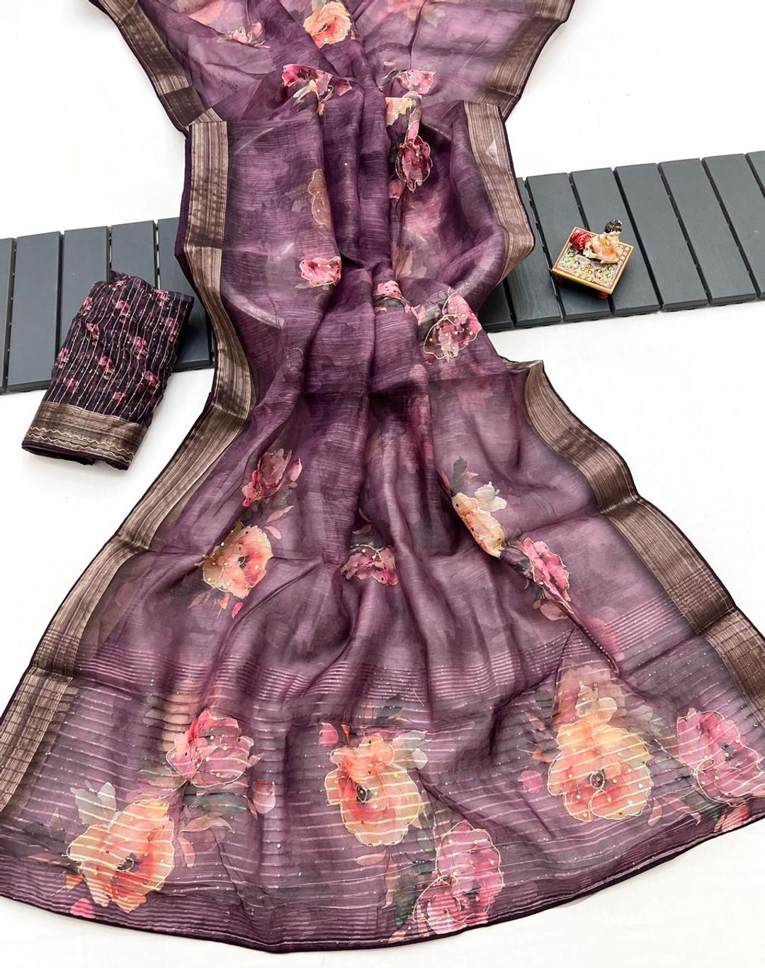 Plum Floral Digital Print Organza Cotton Silk Saree