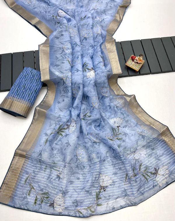 Sky Blue Organza Cotton Silk Saree With Sequin Work