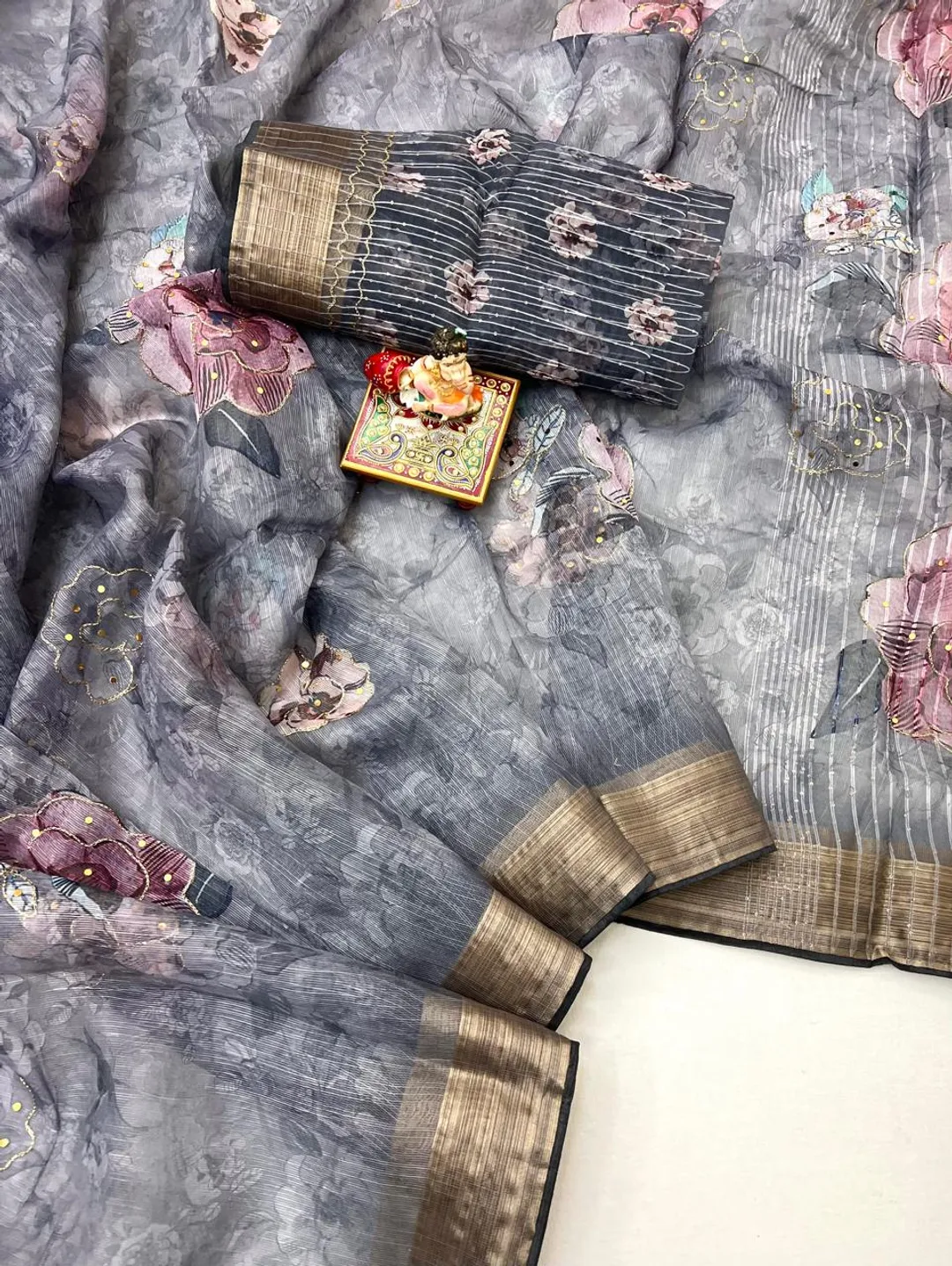 Grey Petal Digital Print Organza Cotton Silk Saree
