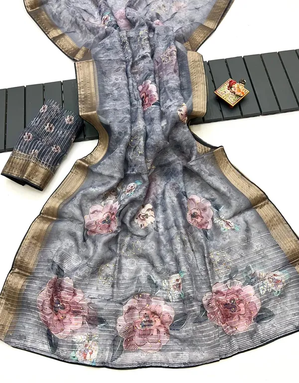 Grey Petal Digital Print Organza Cotton Silk Saree