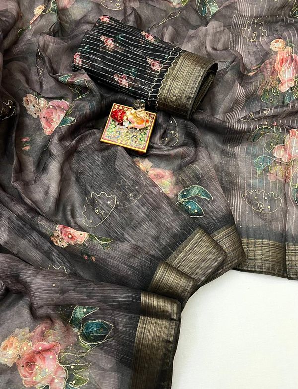 Elegant Charcoal Garden Organza Cotton Silk Saree