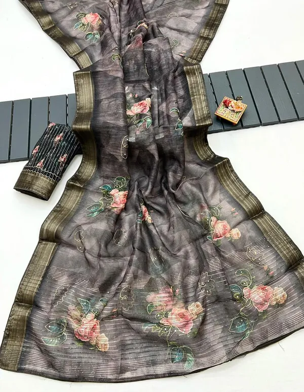 Elegant Charcoal Garden Organza Cotton Silk Saree