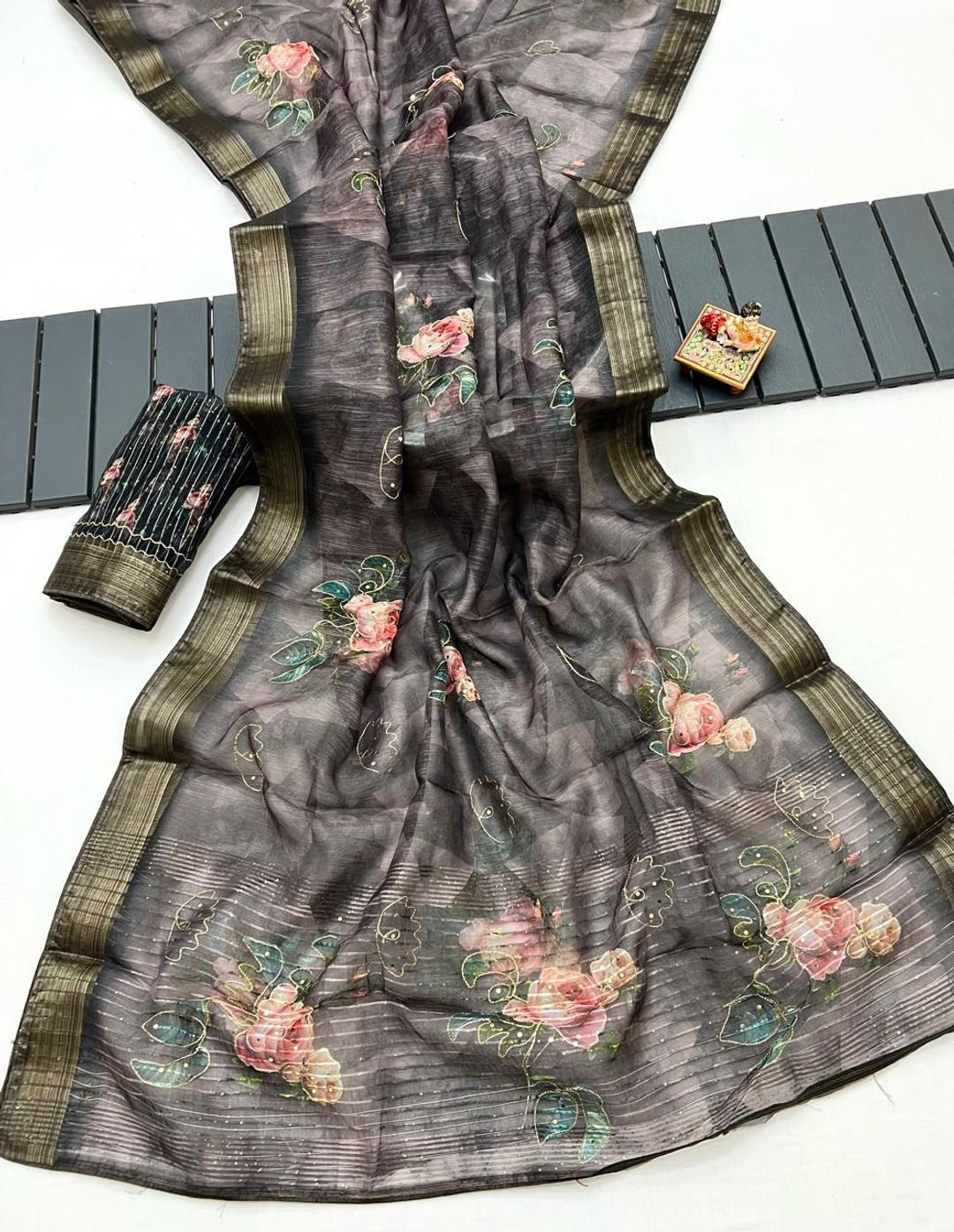 Elegant Charcoal Garden Organza Cotton Silk Saree
