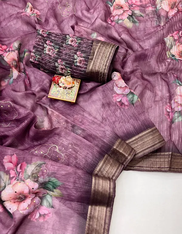Royal Plum Floral Organza Cotton Silk Party Wear Saree