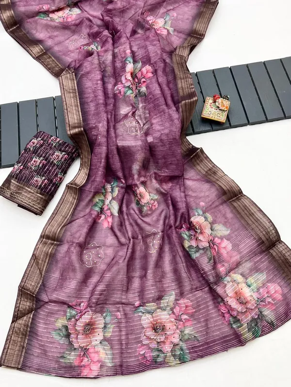 Royal Plum Floral Organza Cotton Silk Party Wear Saree