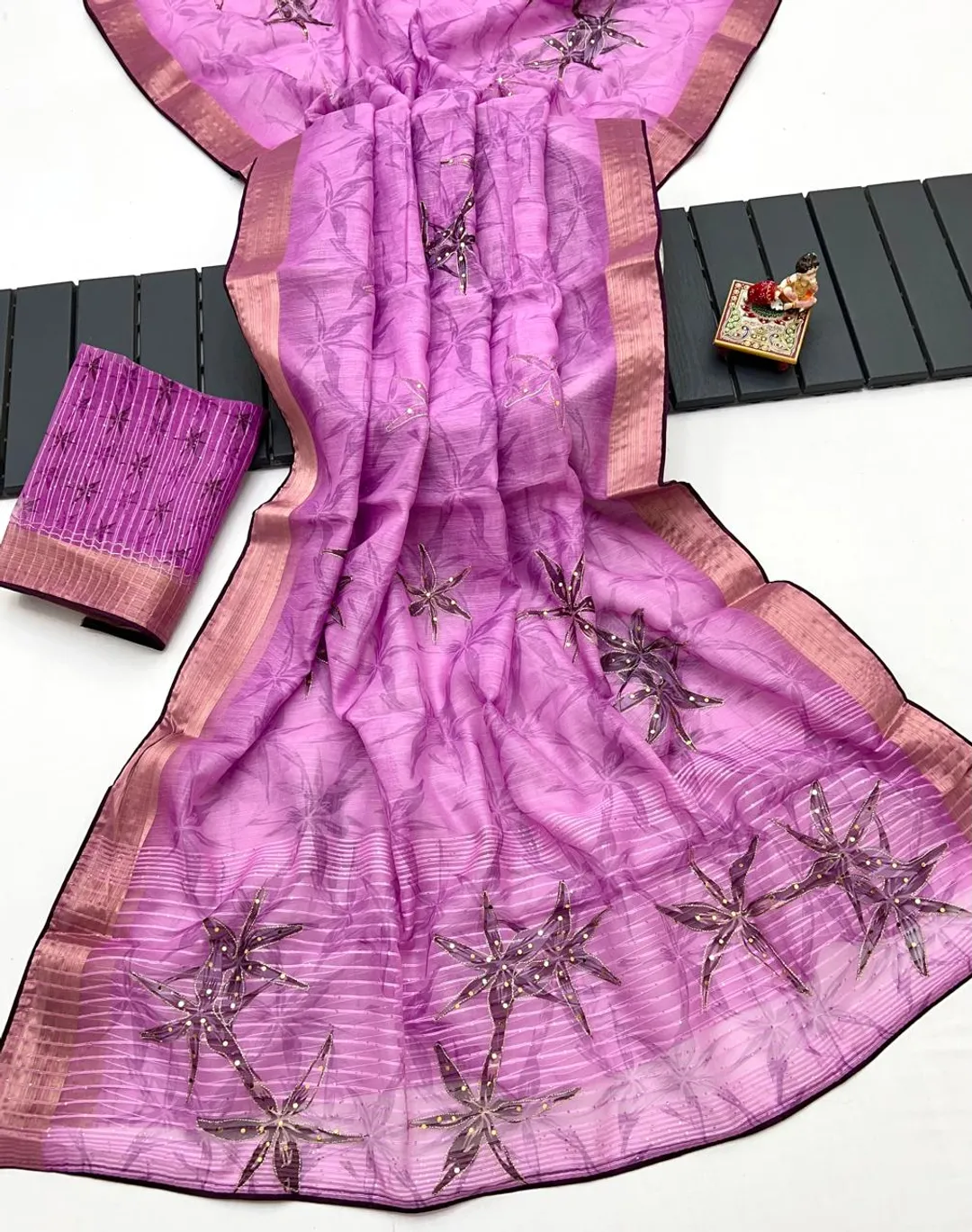 Pink Celestial Bloom Organza Cotton Silk Saree