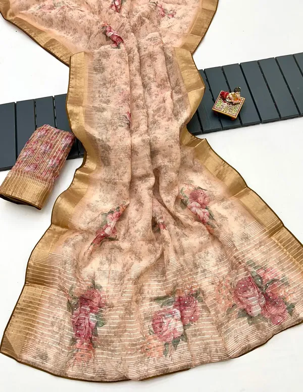 Soft Gold Blossom Organza Cotton Silk Designer Saree