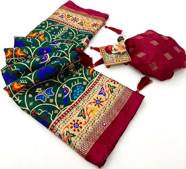 Traditional Bottle Green Patola Border Silk Saree