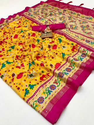 Mustard Yellow Patola Print Soft Pashmina Silk Designer Saree