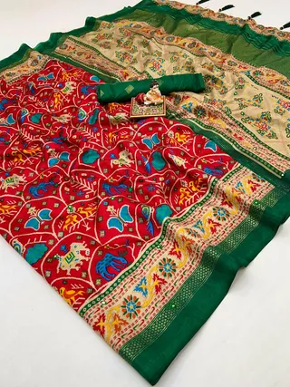 Designer Red Patola Print Pashmina Silk Festive Saree
