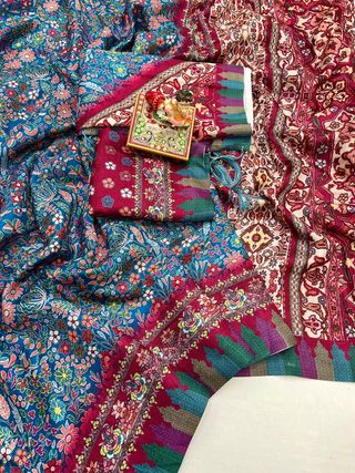 Floral Pashmina Saree With Shawl & Blouse Piece