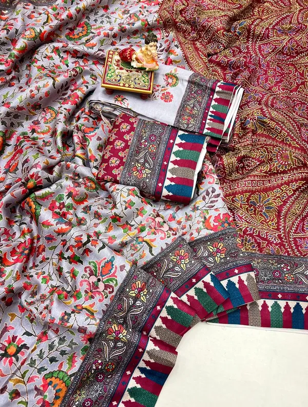 Kashmiri Style Pashmina Saree With Shawl Set
