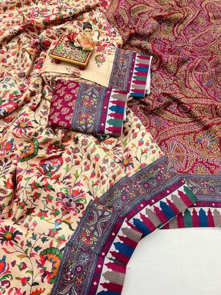 Cream Floral Pashmina Saree With Shawl & Blouse