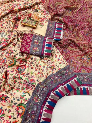 Cream Floral Pashmina Saree with Shawl & Blouse