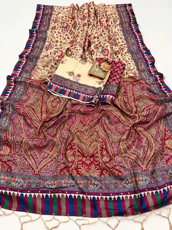 Cream Floral Pashmina Saree With Shawl & Blouse
