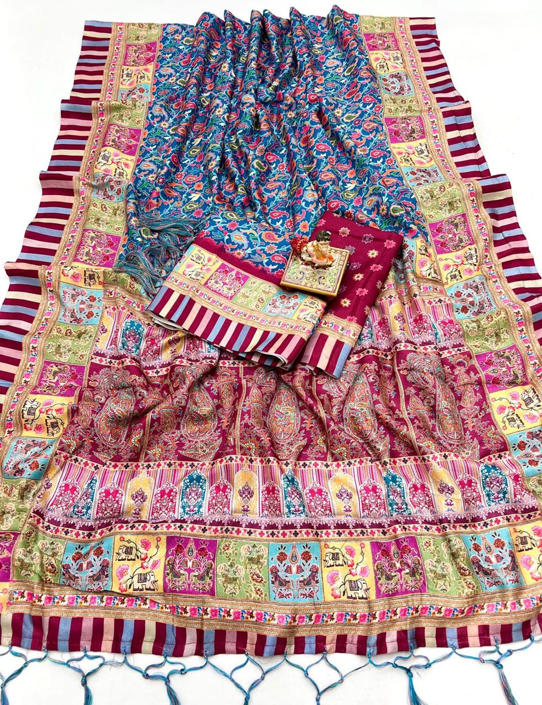 Festive Blue Pashmina Saree With Shawl & Blouse