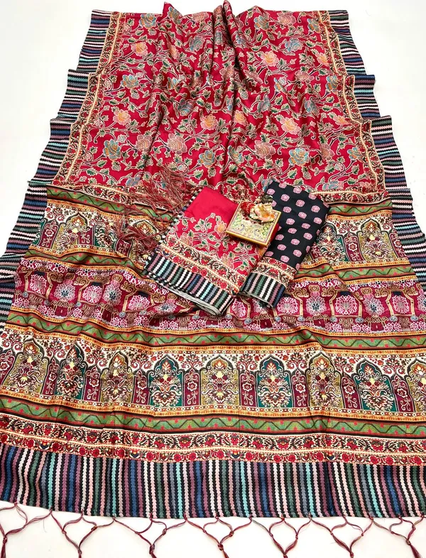 Designer Red Pashmina Saree With Shawl