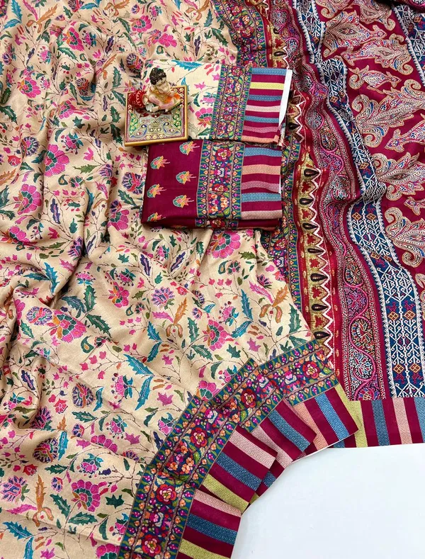 Cream Floral Pashmina Saree With Shawl & Blouse Set