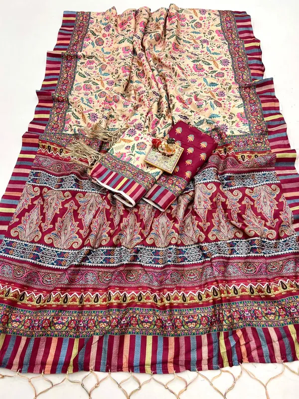 Cream Floral Pashmina Saree With Shawl & Blouse Set