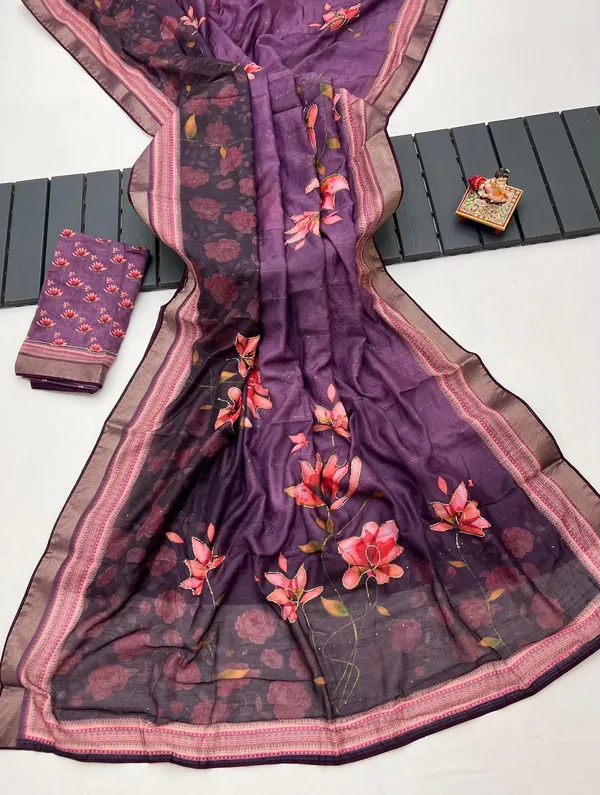 Purple Floral Cotton Saree With CutDana Work Blouse