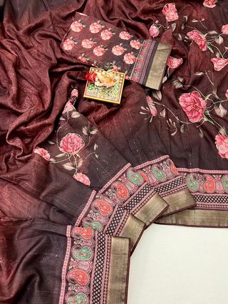 Party Wear Brown Cotton Saree With Designer Blouse
